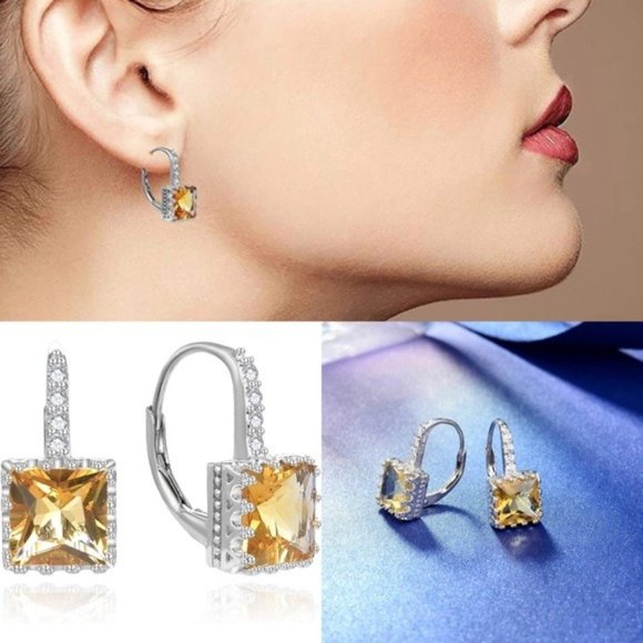 Citrine Princess Cut 925 Silver Earrings - Picture 1 of 2